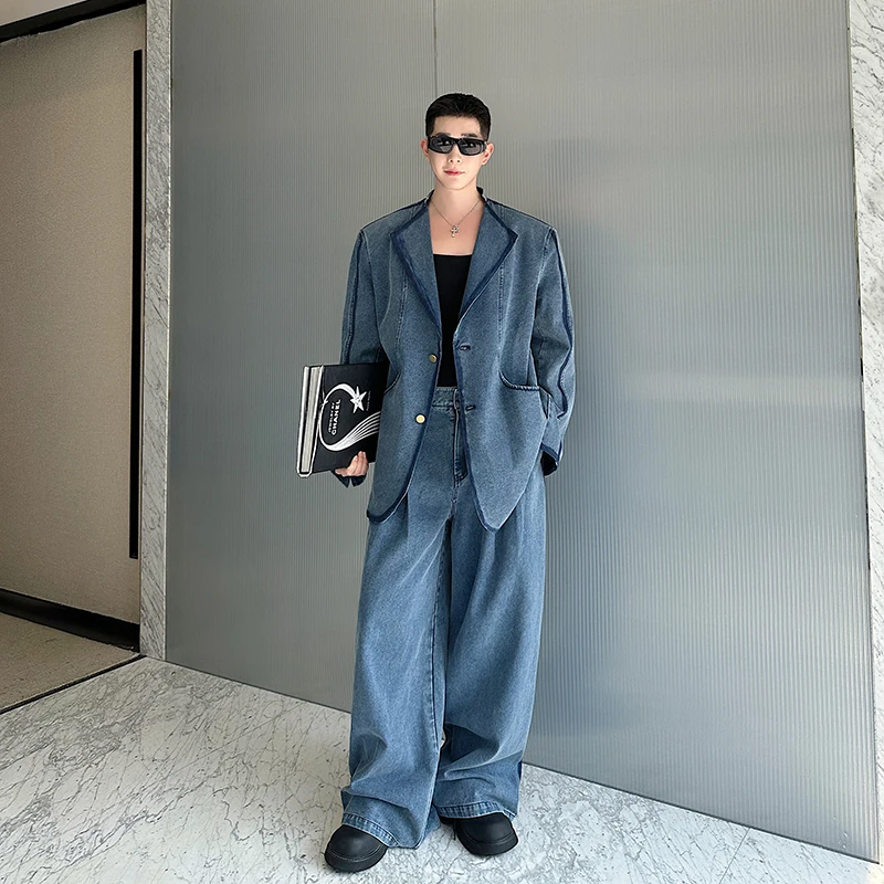 

Ретро-комплект из денима ручной работы: свободный костюм-двойка с длинными брюками и длинными рукавами в стиле вестерн