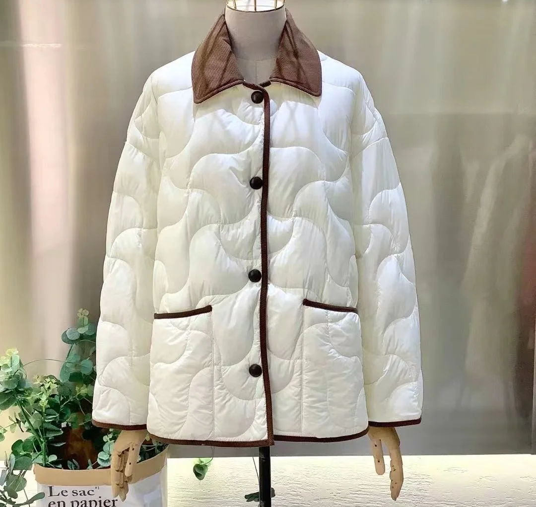 

Top Quality New Winter Coats 2025 Fashion Designer Women Turn-down Collar Pocket Patchwork Long Sleeve Warm Parka Down Coats