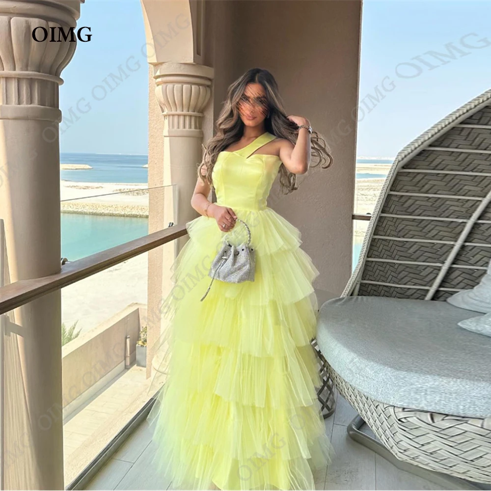 

OIMG Yellow One Shoulder Prom Dresses Princess Tulle Long Evening Dresses Sleeves Graduation Party Dresses Formal Ball Gowns