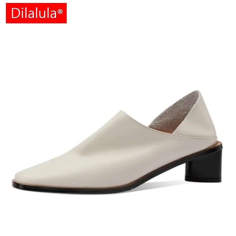 Dilalula 2025 Hot Sale Slip-on Genuine Leather Women Pumps Square Toe Med Thick Heels Soft Upper Pumps Office Ladies Dress Shoes