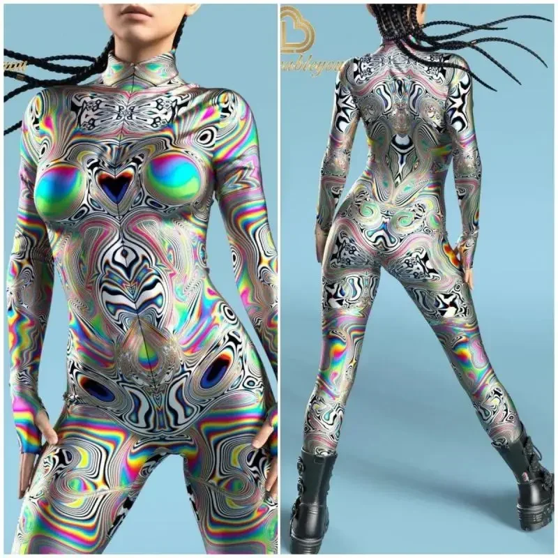 Women Green Fish Scales Bodysuit Flower Bone Skull 3D Printing Dress Up Jumpsuit Halloween Party Cosplay Costumes Outfit