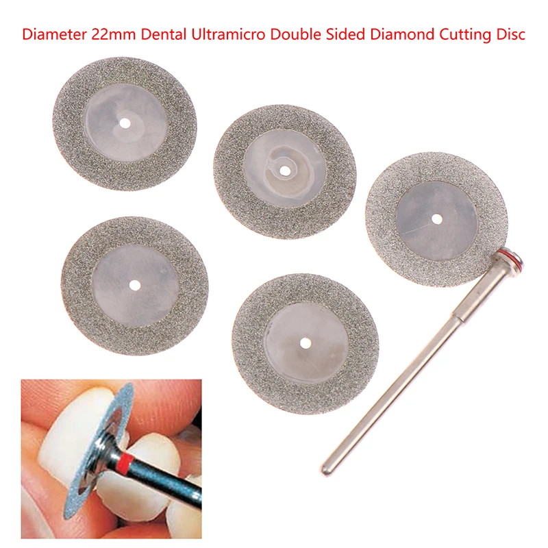 5Pcs/Set Dental Lab Diamond Disc Discs Double Sided Grit Cutting Disc Tool Diameter 22mm Thickness 0.25mm With 1 Mandrels