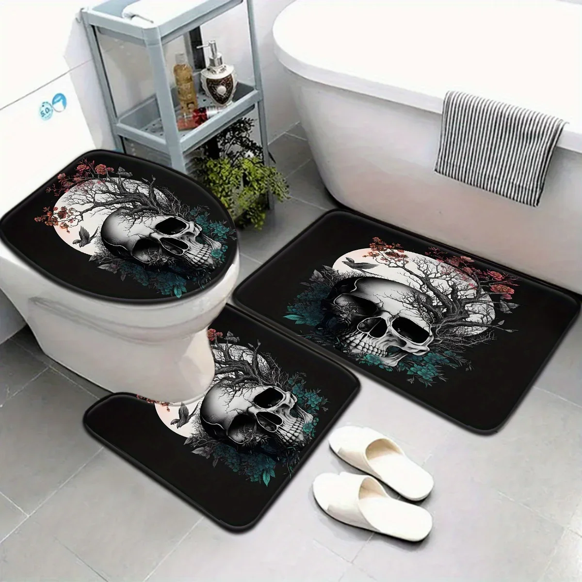Late Night Moon Gothic Skeleton Bathroom Set - Soft Non Slip Contour Mat, Toilet Lid, and Bath Mat for Unique Home Decor