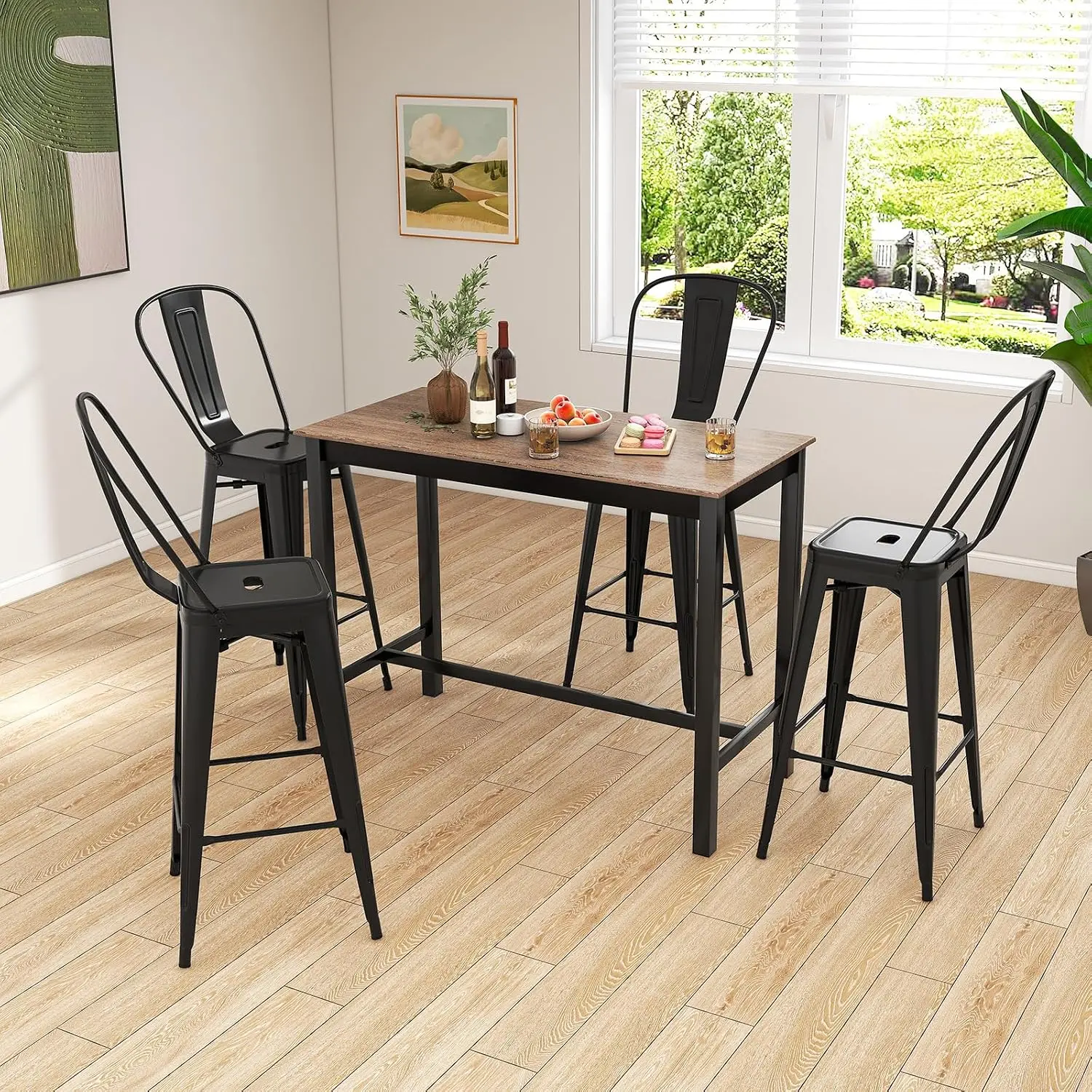 30 Inch Stackable Metal Bar Stools 4pc High Back Foot Pads, Industrial Modern Kitchen Dining Bar Cafe Indoor Outdoor, Customized