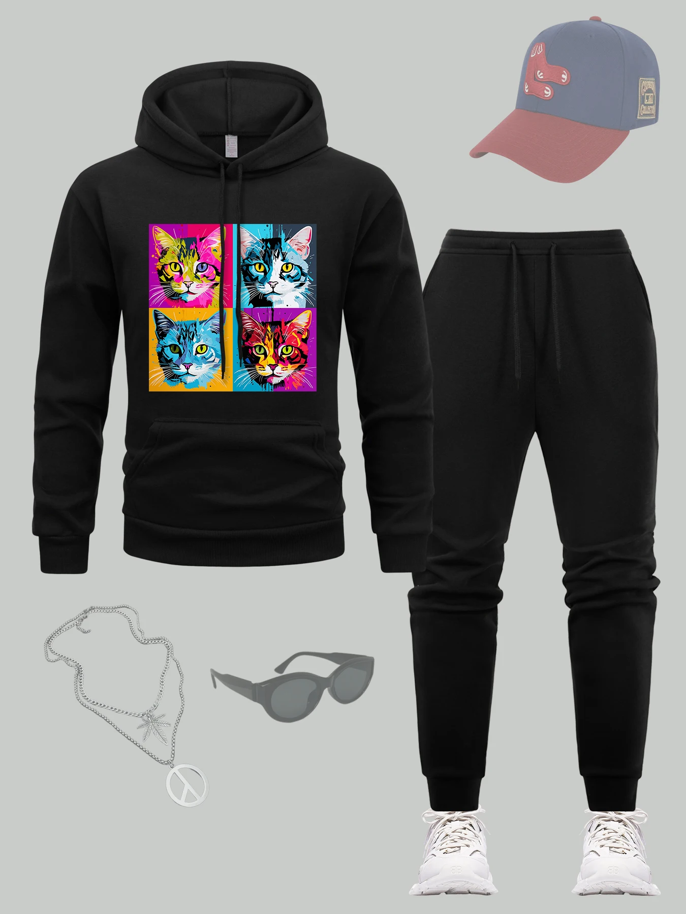 

Multicolored Cat Pattern Hoodie Set Men Autumn Casual Sportswear Fleece Comfy Sweatpants All-Match Fashion Men'S Clothing Suit