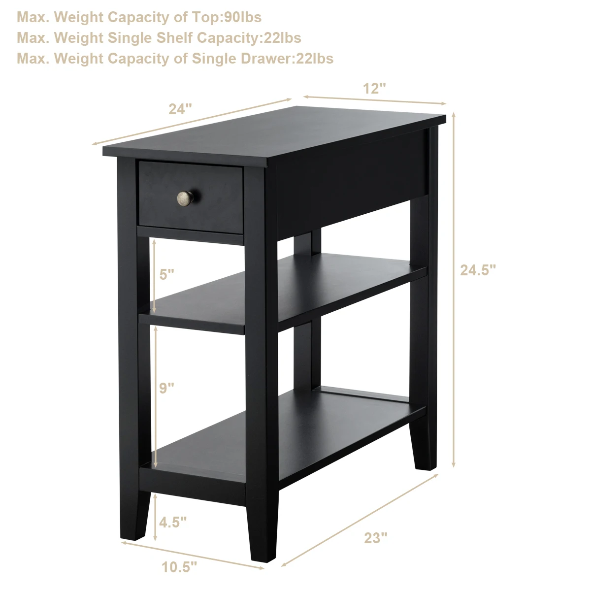 Prateleiras duplas gaveta, mesa de cabeceira preta, mesa lateral do sofá, 3 Tiers Nightstand