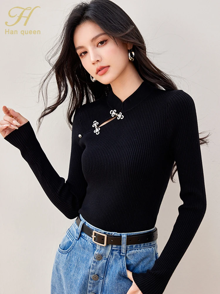 H Han Queen 2024 Autumn Tops Sweater Long Sleeve Black Vintage Casual knitted Pullover Sweaters Korean Style Women\'s Clothing