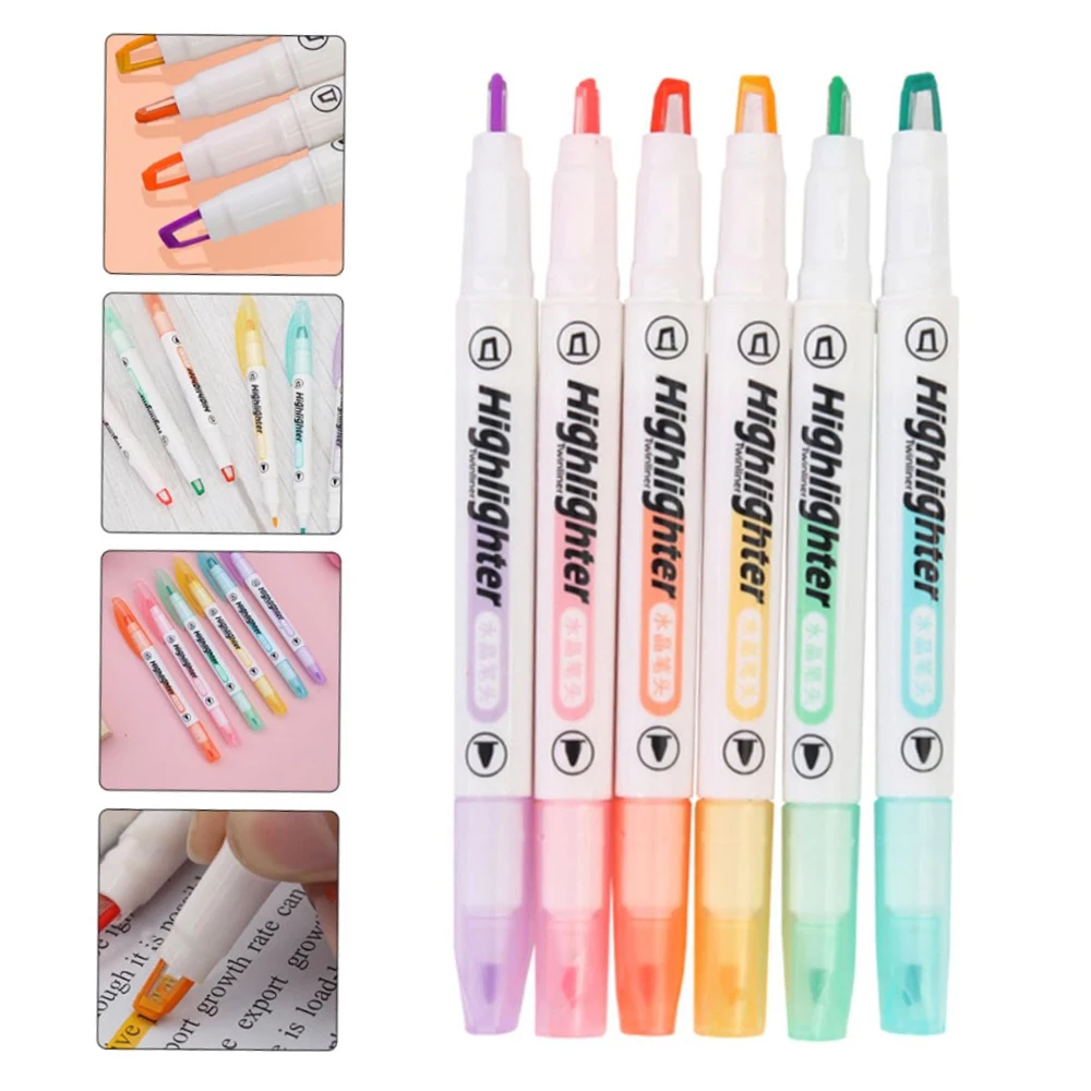 6-Color Double-Headed Highlighter Set Crystal Pen with Transparent Head 1.5mm Writing Width Plastic Body for Students and Paper