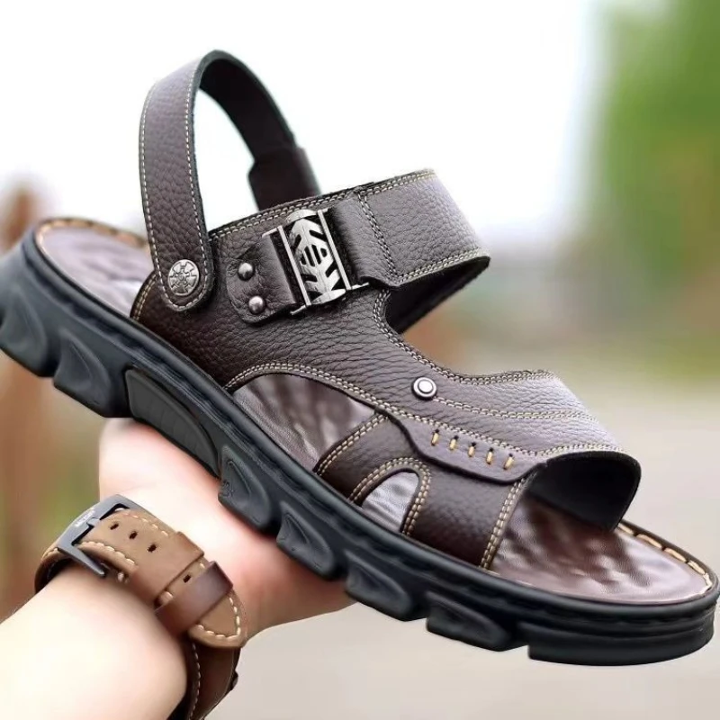 Men Summer New Style Waterproof Non-Slip Soft Sole Genuine Cowhide Leather Beach Sandals