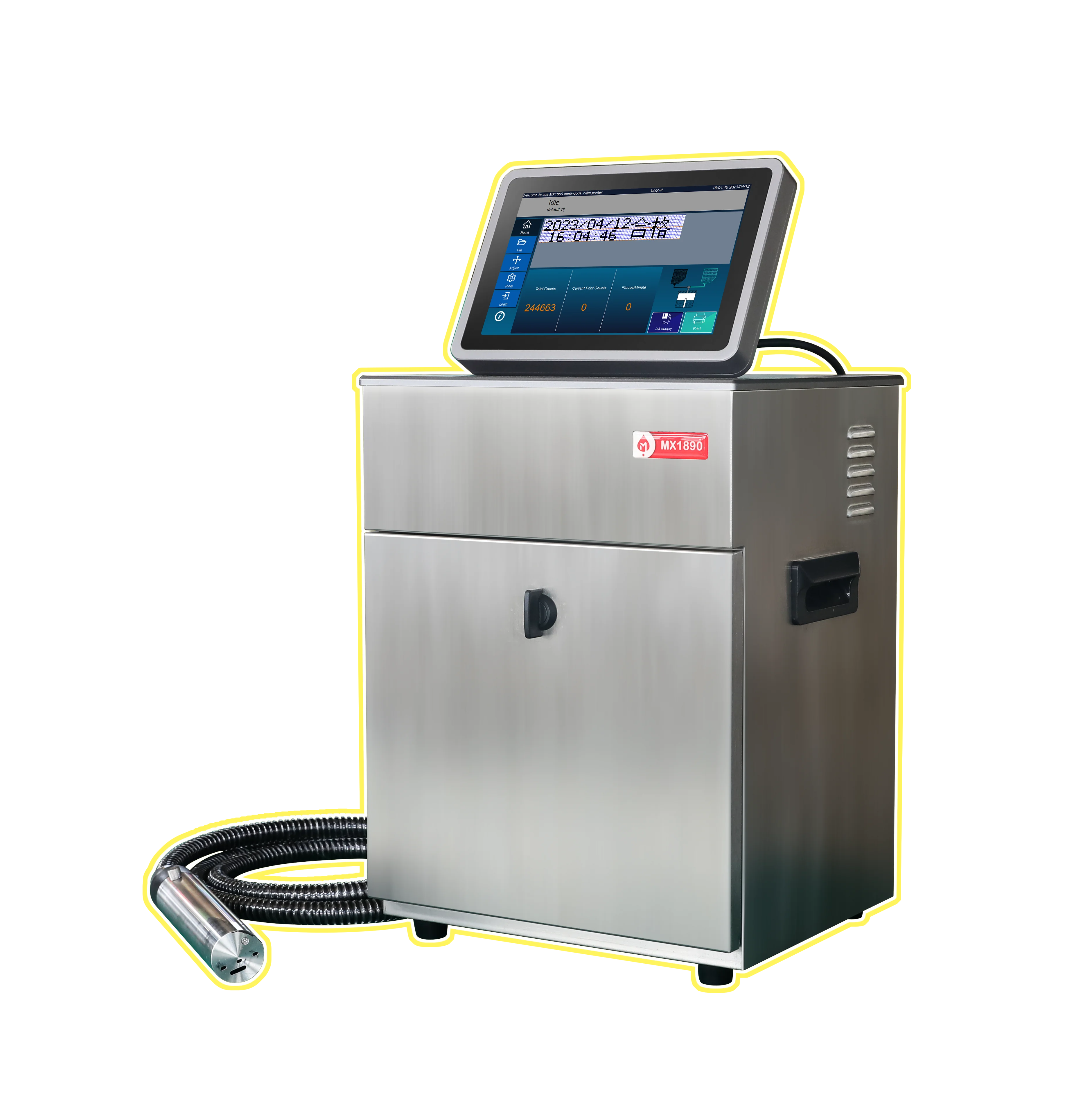 MX1890 Continuous Online Inkjet Printing Machine Plastic Metal Glass Batch Code Expire Date Printing Machine