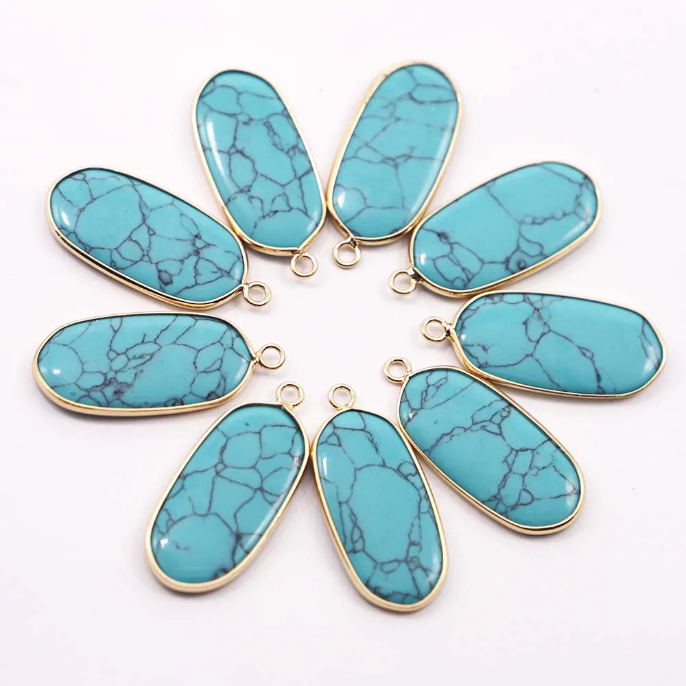 Natural Stone Turquoise Multicolor Ellipse Plane Gilt Edge Necklace Pendants Diy Fashion Jewelry Gift Accessories Wholesale 8Pcs