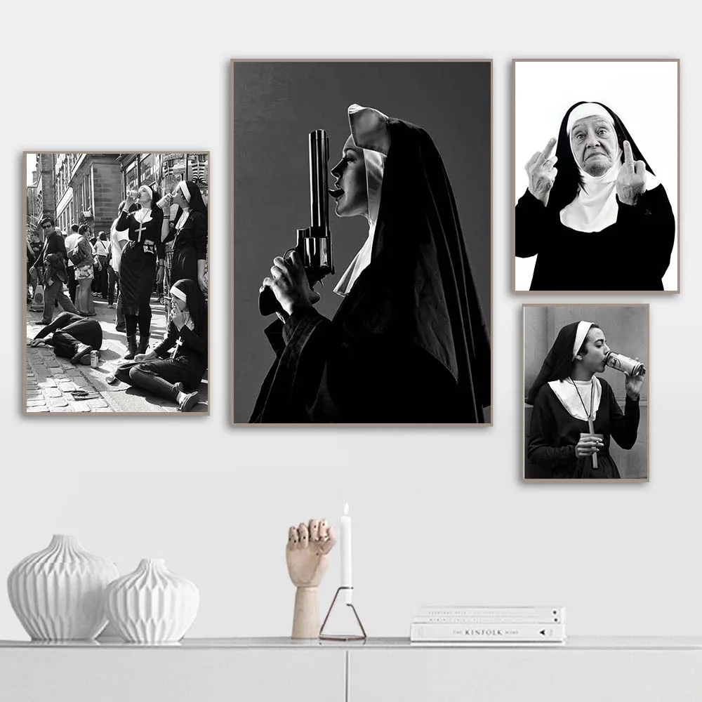 

Drinking Nuns Prints Vintage Photo Black and White Poster Cool Funny Nun Wall Art Canvas Painting Home Decor Picture Weird Room