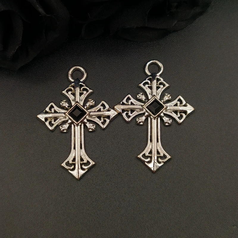2Pcs Alloy Cross Black Crystal Charms Gothic Geometry Pendant Fit Necklace Earrings DIY Jewelry Designer Making Accessories
