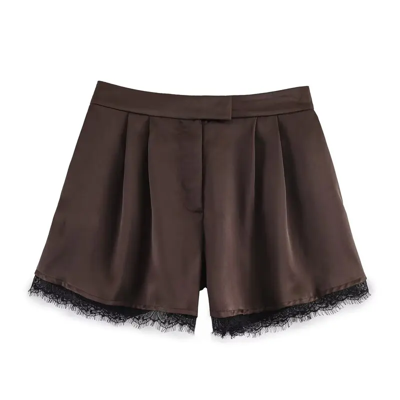 Spring Summer 2026 New Casual Lace Trim Satin Shorts Women's Versatile mid Waist All Match Short Pants Elegant Fashionable