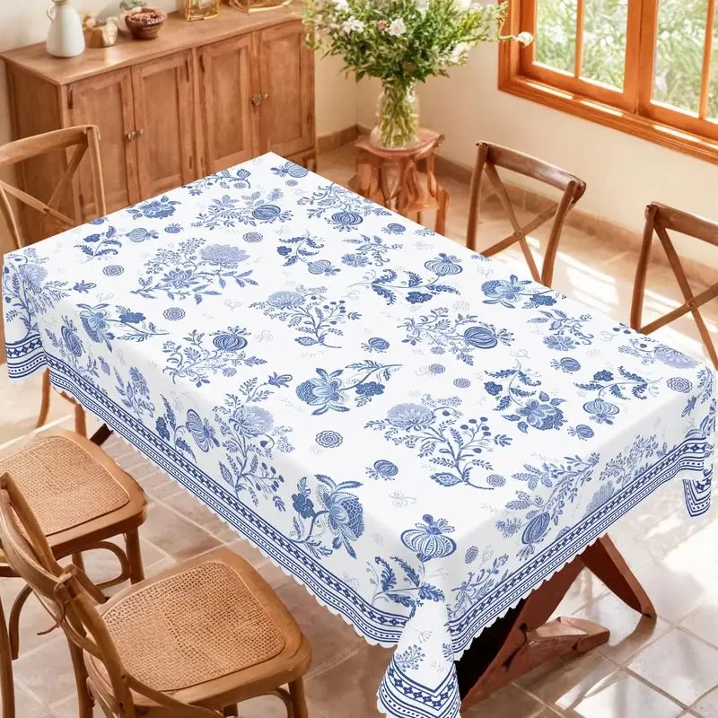 VIKAMA Blue And White Porcelain Floral Tablecloth Chinese Chinoiserie Rectangular Waterproof Minimalist Dining Table Decor