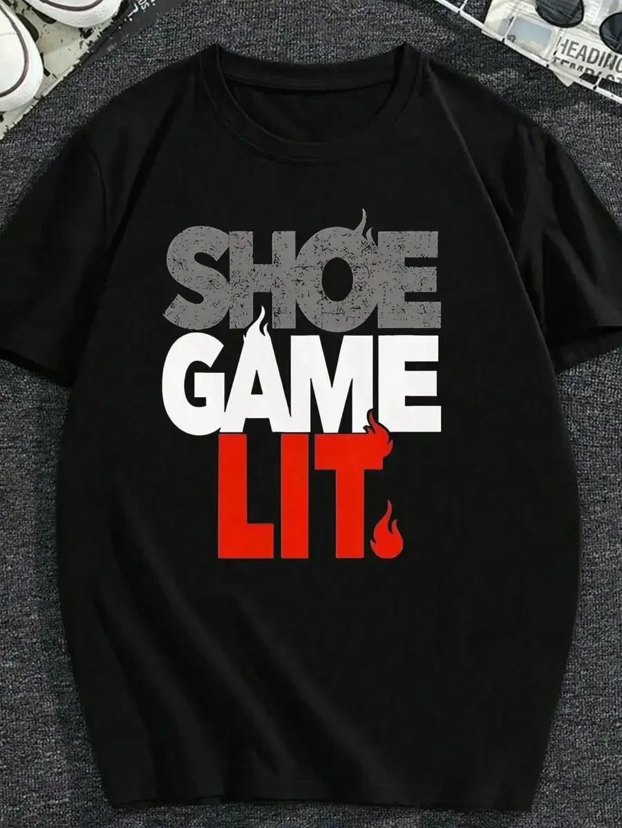 Ed & Gray Fire Design, Loose Fit Streetwear Tee For Sneakerheads, All-Season Casual Shirt With Lettering & Sneaker Culture Style