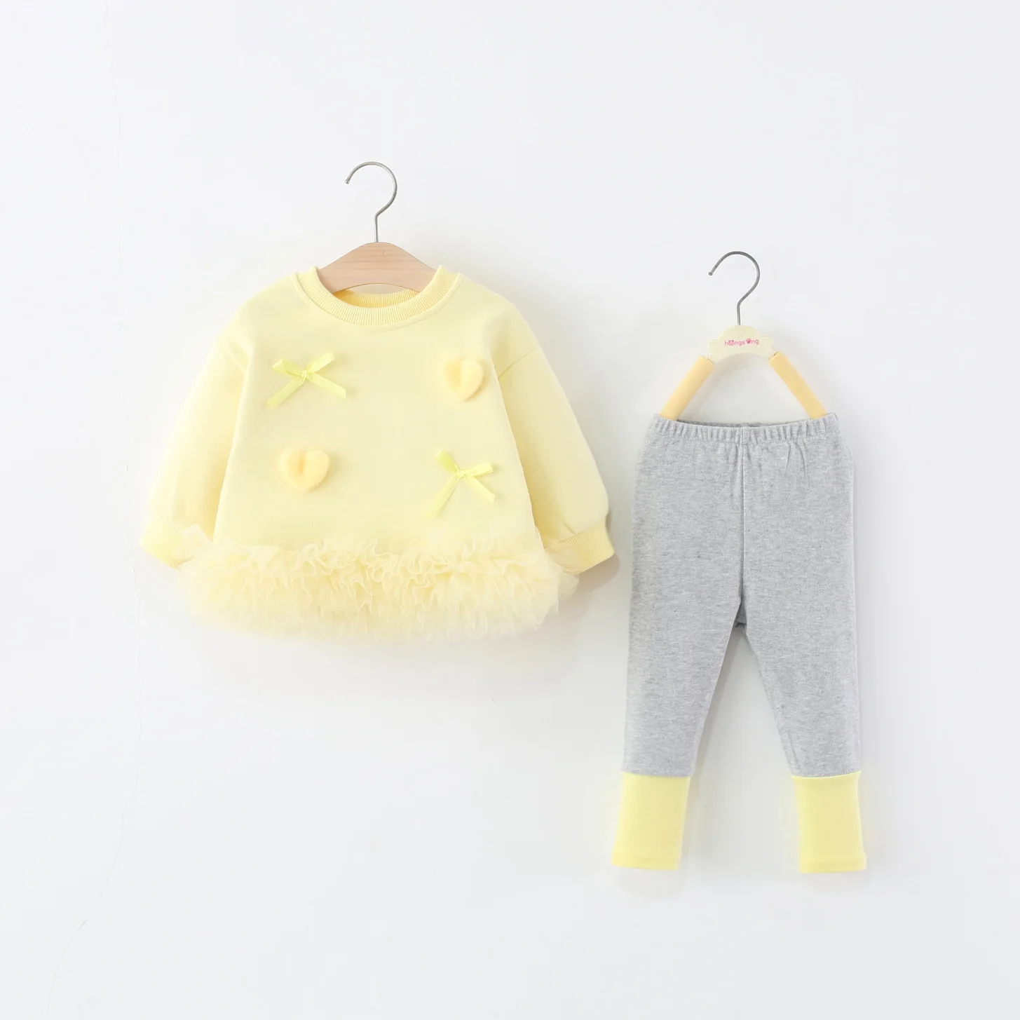 

autumn of 2025, the new love ribbon knot hem mesh set, girls' long-sleeved top + pants two-piece set