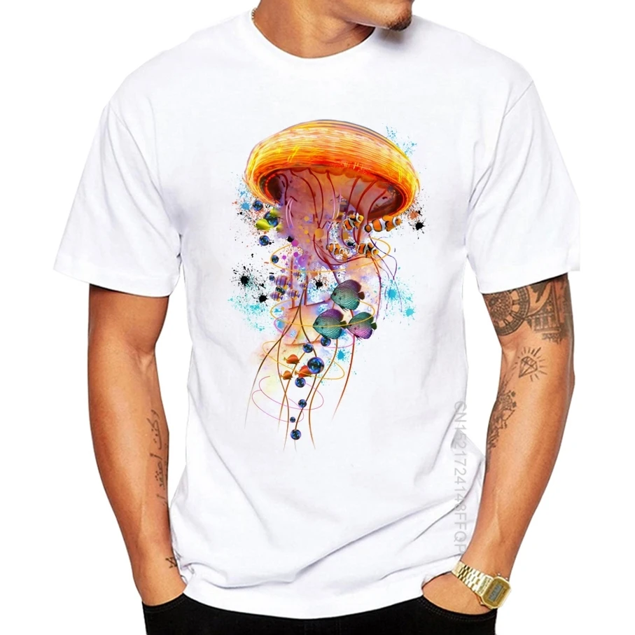 New Mens t shirts Fashion Electric Jellyfish World Printed T-Shirt Cotton Novelty O-neck Design Tops Cool Tee