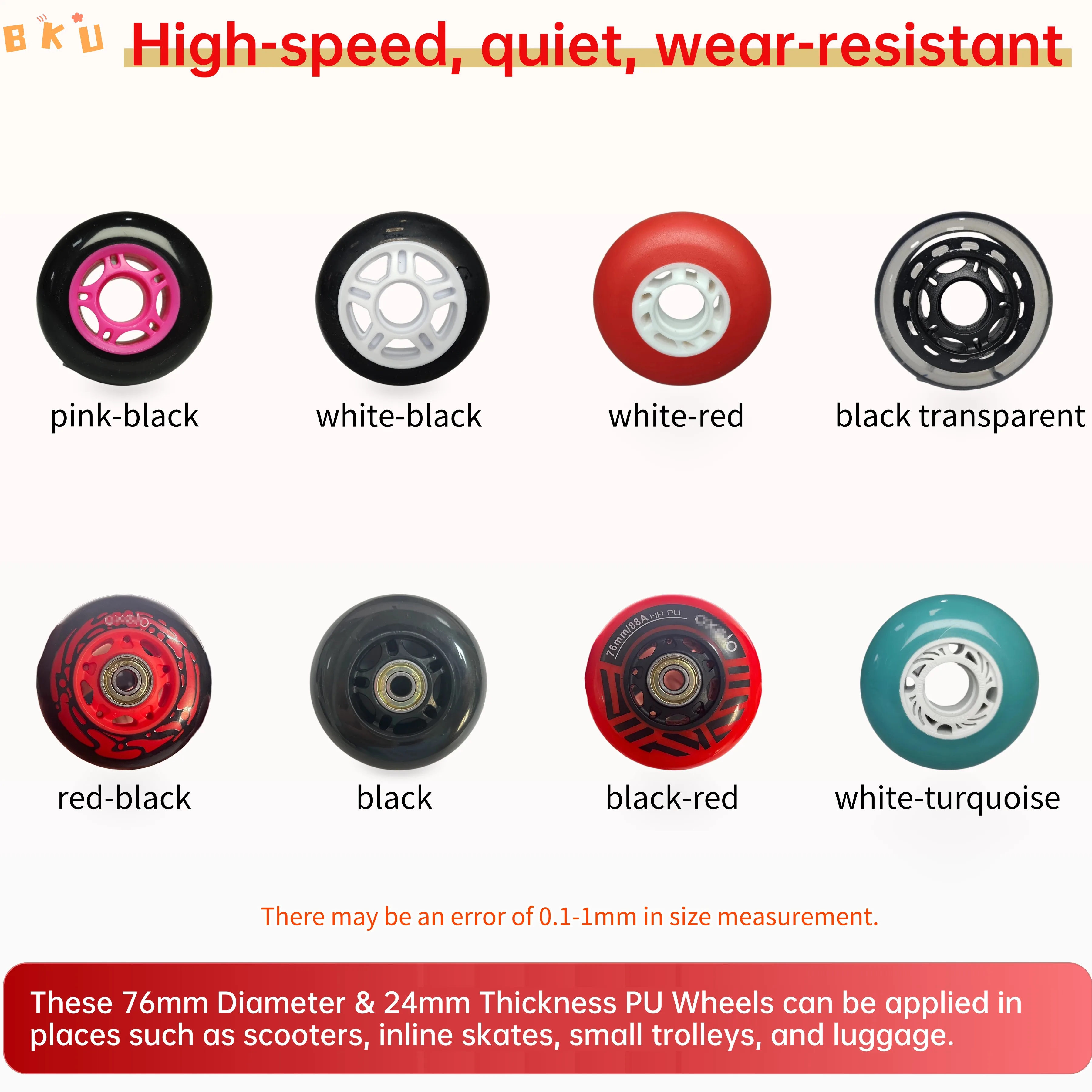 

Replacement PU Wheels 76mm (3") for Inline Skates, with Bearings, Also for Kids' Scooters, Luggage（2pcs））