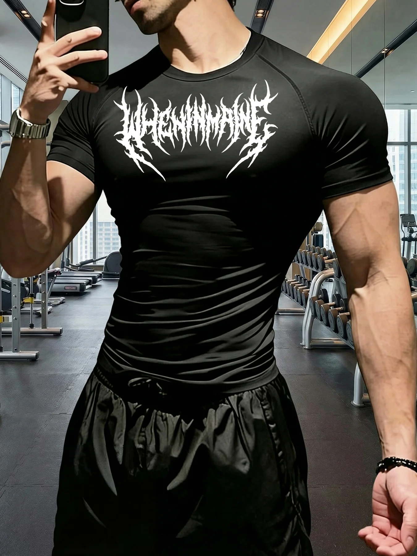 Image of 2026 Herren Gothic-Buchstabenmuster Fitness-Bodysuit, Hochelastisches Schnelltrocknendes Sport-Kompressions-T-Shirt, Geeignet für das Fitnessstudio