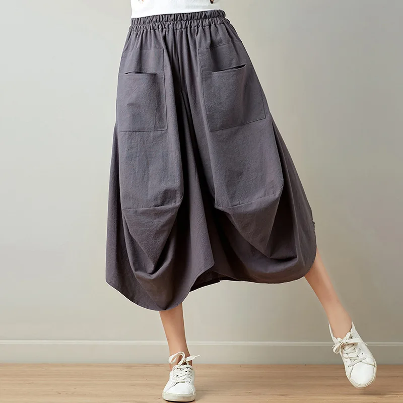 

Autumn Summer New Artistic Loose Splicing Solid Color Cotton And Hemp Elastic Waist Half Skirt For Women Lantern Skirt 2026