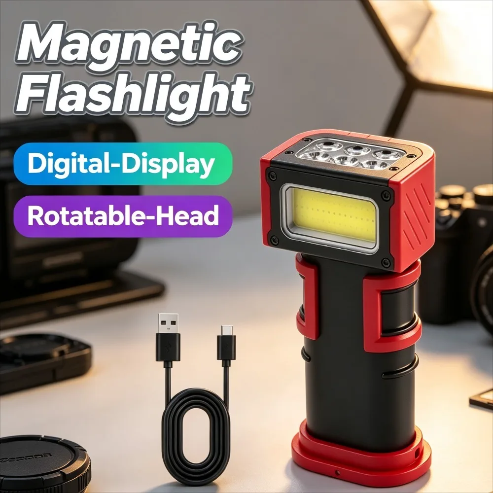 Dual‑Magnet Hook Repair Work Flashlight Rotatable‑Head Digital Power Display Torch for Auto Mechanic Inspection