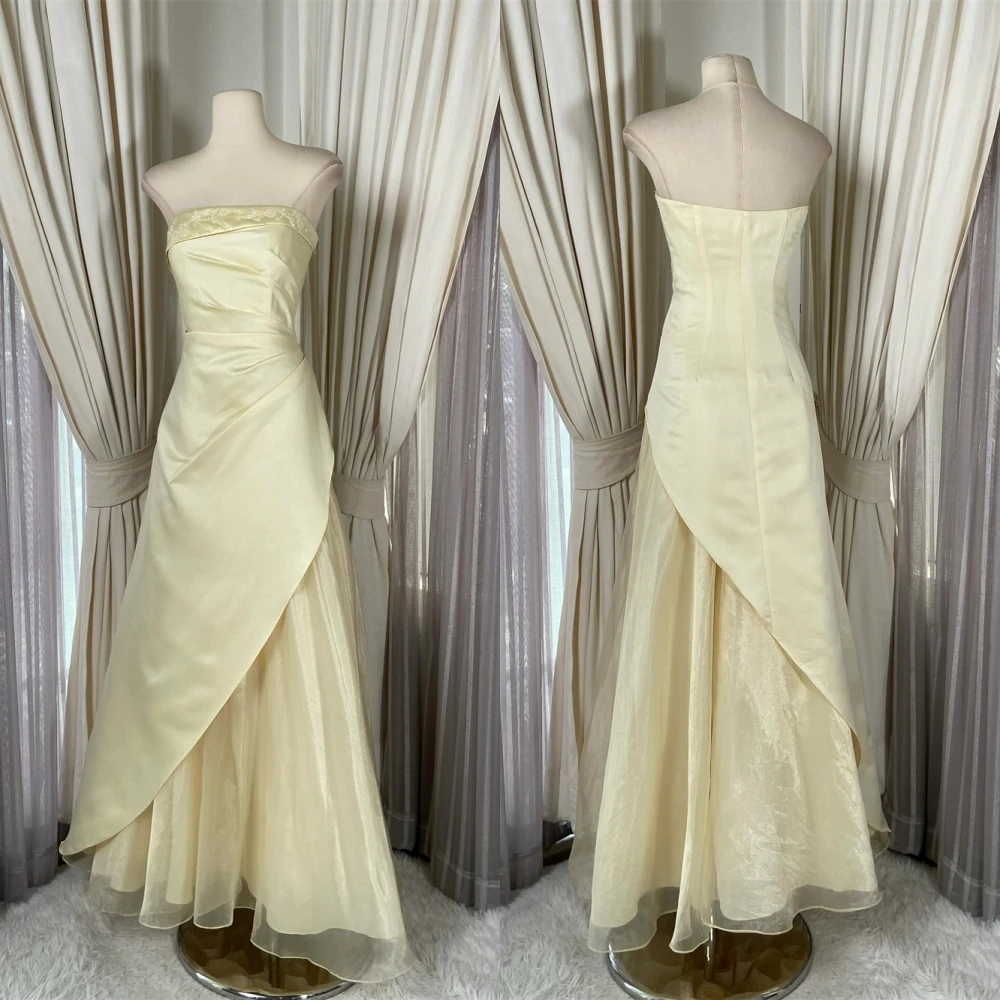 

Customized Elegant Graceful yellow Satin Evening Dress Delicate Strapless Sleeveless Homecoming Dress Classic Party Dress