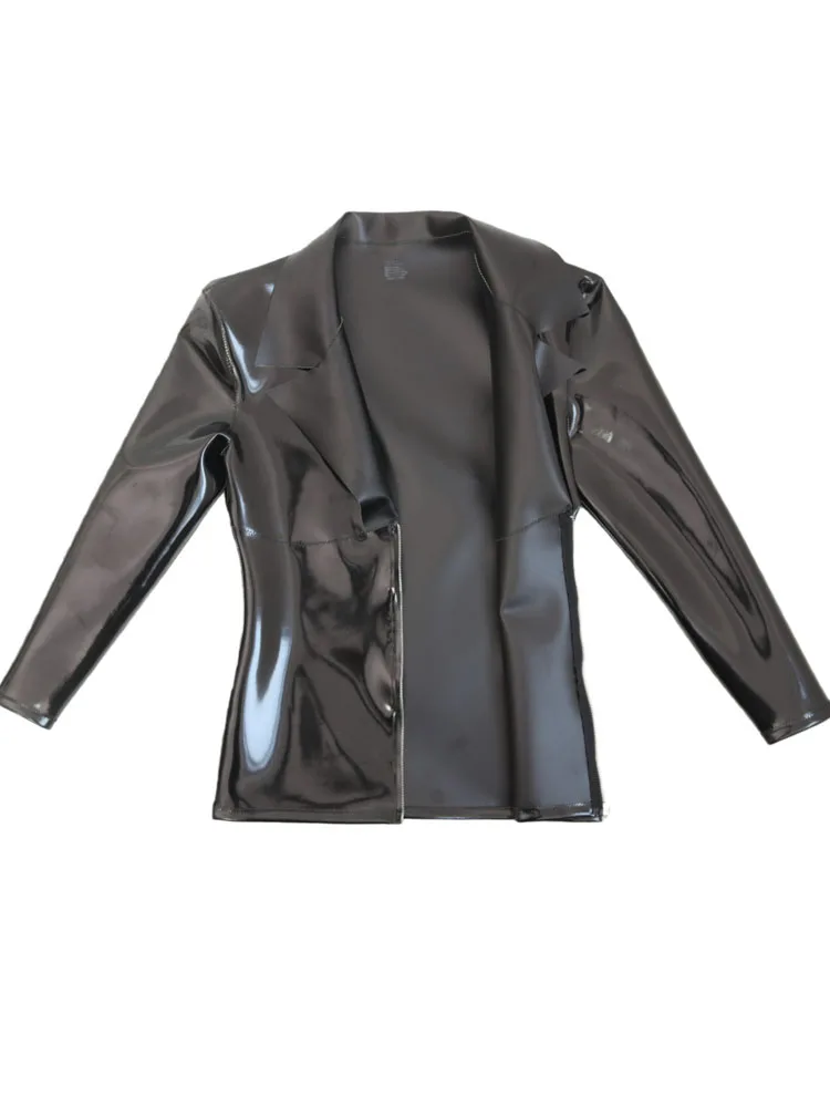 Shiny Matt Double Sided PU Leather Reversible Long Sleeve T Shirt Wet Look PVC Tshirt Hip Hop Stage Performance Tops Jacket Coat