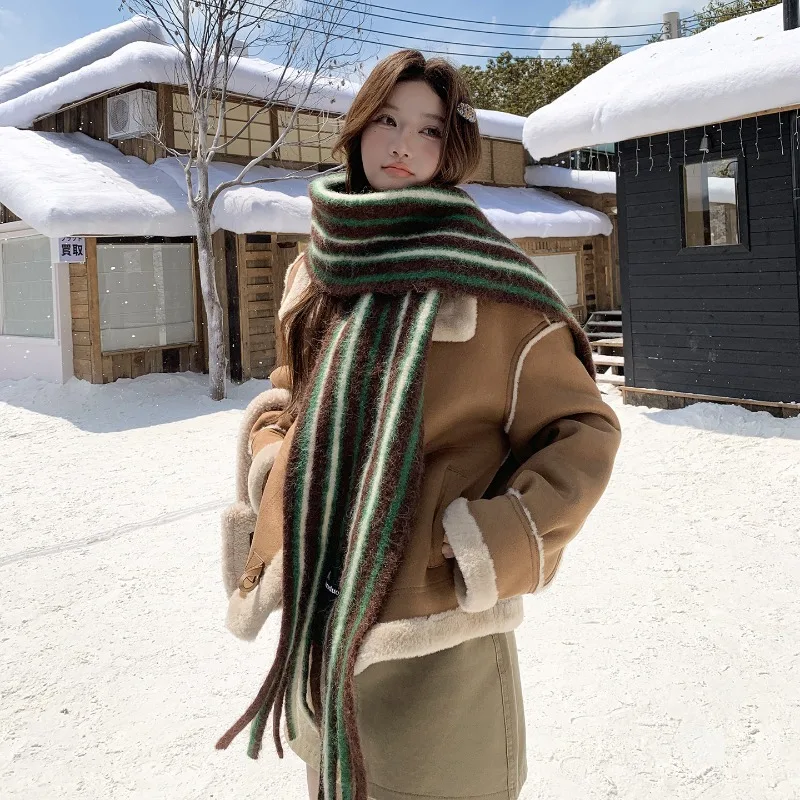 

Премиальный длинный шарф из смесовой шерсти в полоску для женщин, теплый и универсальный для осени и зимы, унисекс, с длинной бахромой для шеи.