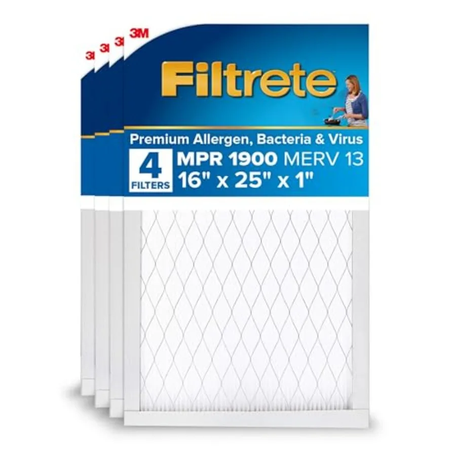 

16x25x1 AC Furnace Air Filter MERV 13 MPR 1900 Premium Allergen Bacteria and Virus Filter 3-Month Pleated 1-Inch Electrostatic
