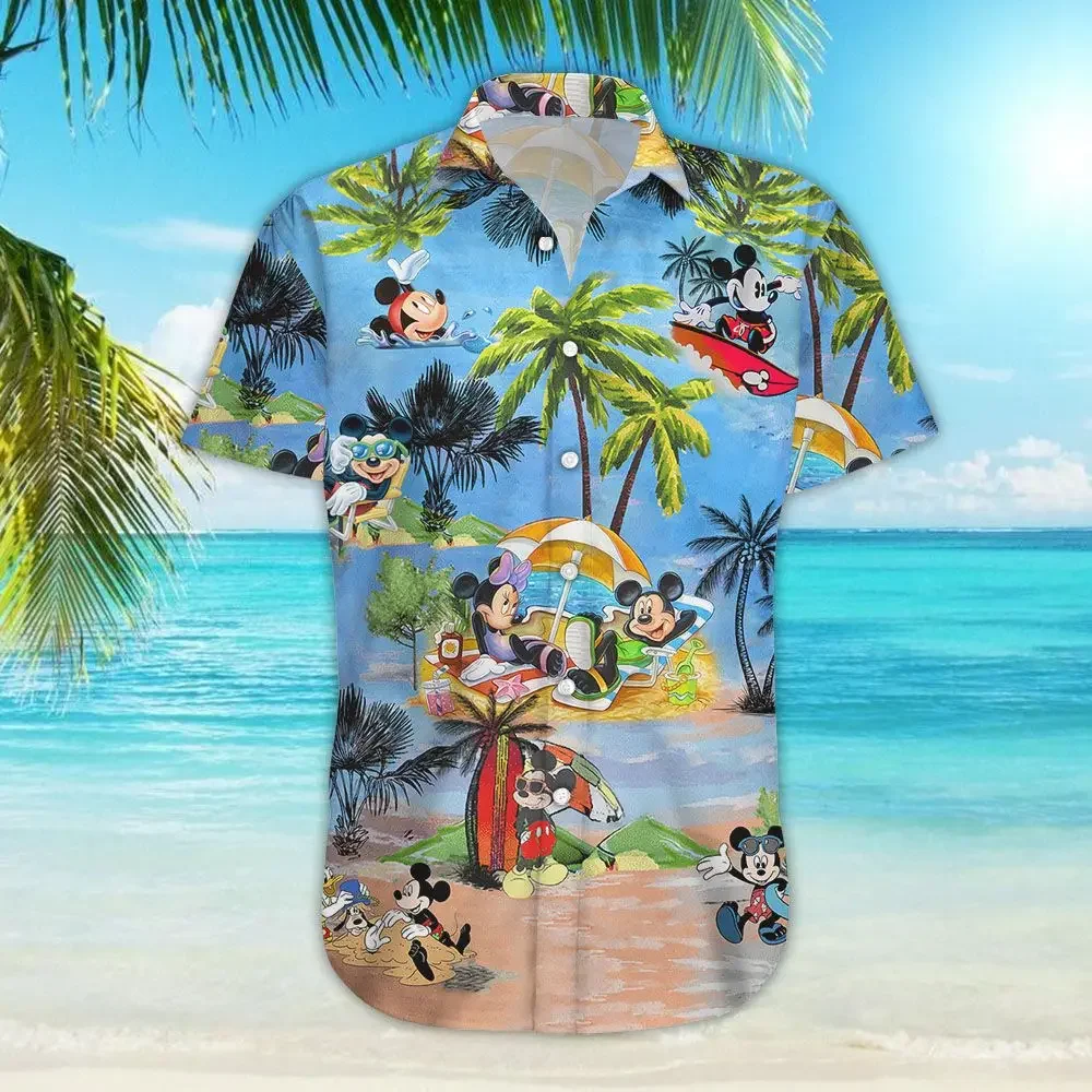 Camisas havaianas masculinas e femininas de mickey mouse, floral tropical, de botões, manga curta, disney, minnie, praia, verão