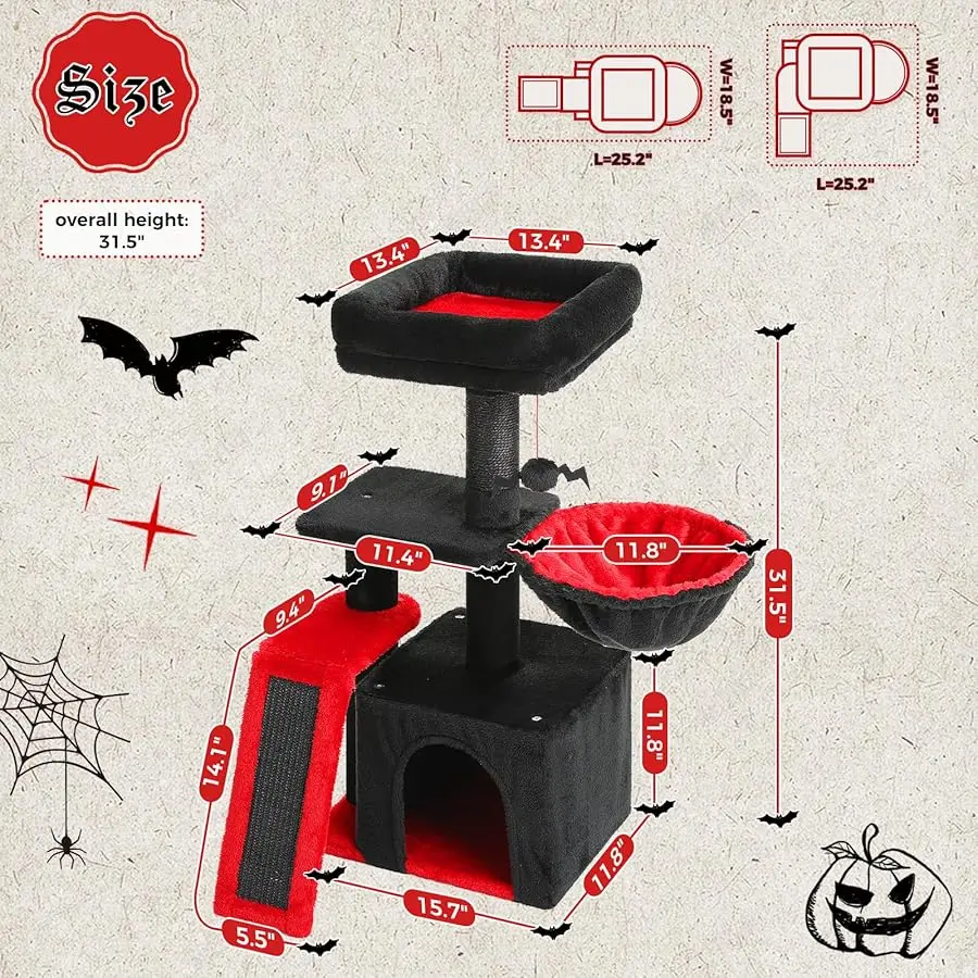 برج شجرة القطط القوطية من PETEPELA للقطط الداخلية، شقة برج القطط الصغيرة مقاس 31.5 بوصة مع منحدر خدش من السيزال، أرجوحة مريحة وإزالة #3