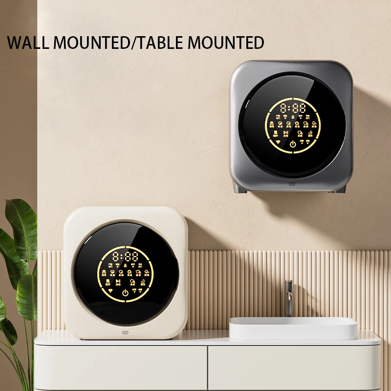 Wall-mounted fully automatic mini washing machine with rotary dryer for automatic water inlet and outlet.