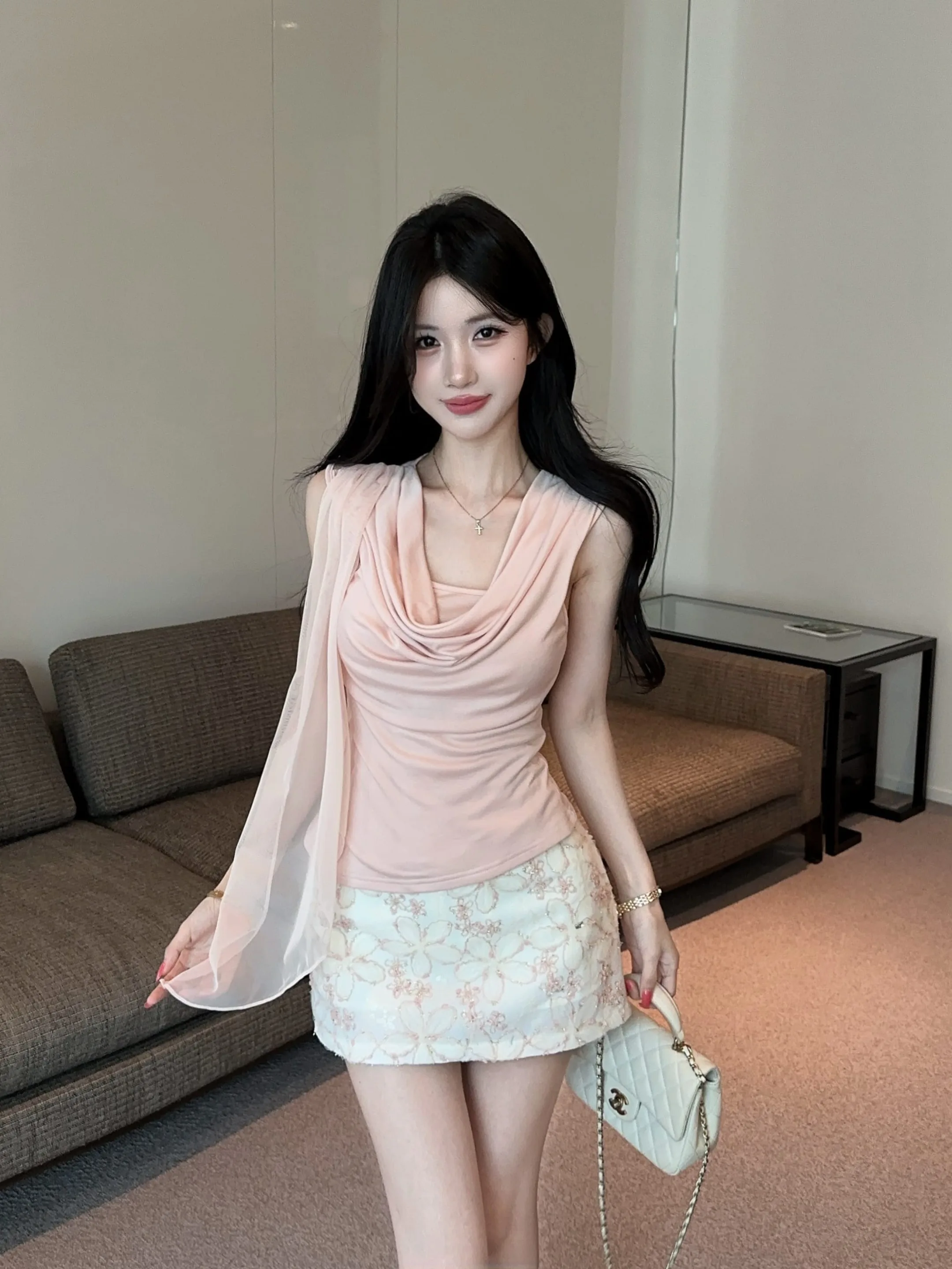 

Elegant Summer Outfit Women's Sleeveless Embroidered Dress with Sashes French Style Straight Cut Two-Piece Set Fashionable Tr...