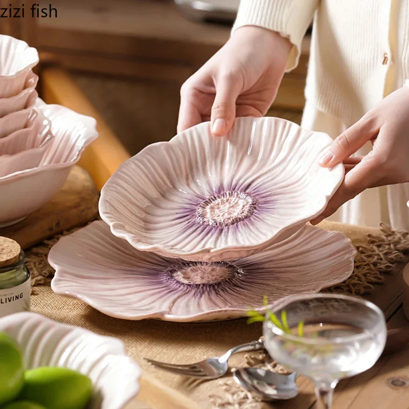 Prato de cerâmica floral roxo alívio, prato de sobremesa, prato de macarrão, tigela de sopa, salada, lanche, cozinha molecular, utensílios de mesa criativos