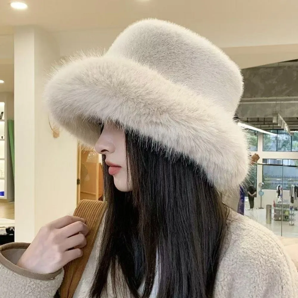 

Fashion Faux Fur Bucket Hat Thicken Fluffy Fisherman Hat Soft Ear Protection Oversized Panama Cap