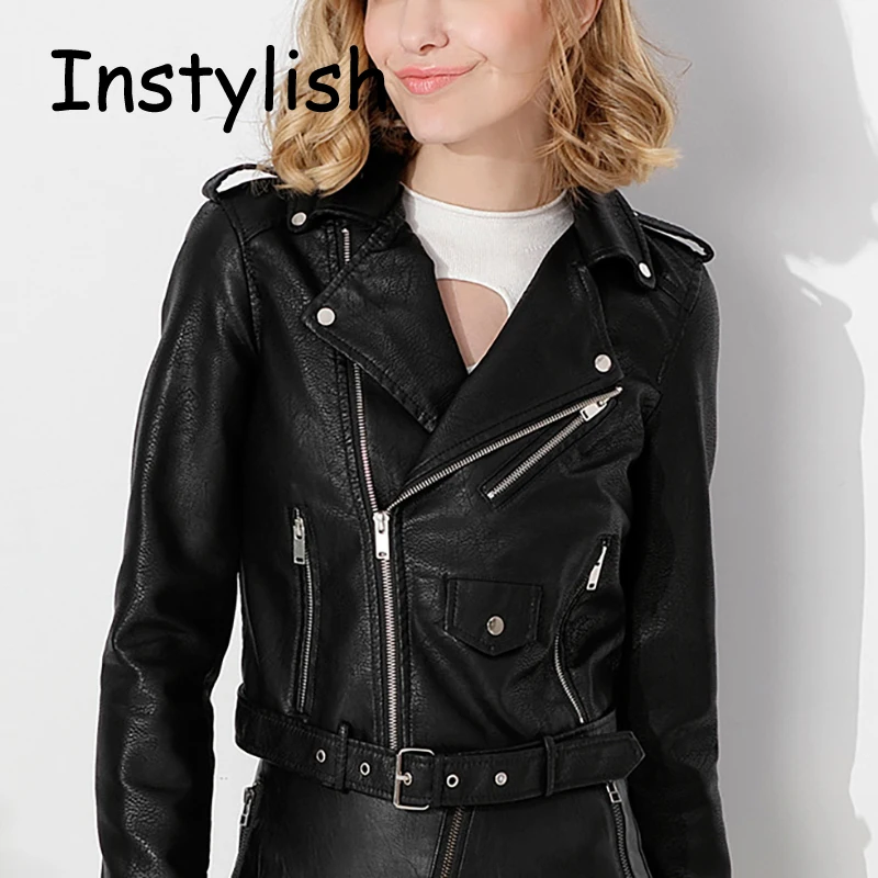 Women Moto Biker Zipper Jacket Autumn Winter PU Leather Lapel Jackets Casual Street Faux Leather Crop Coat Vintage Cool Outwear