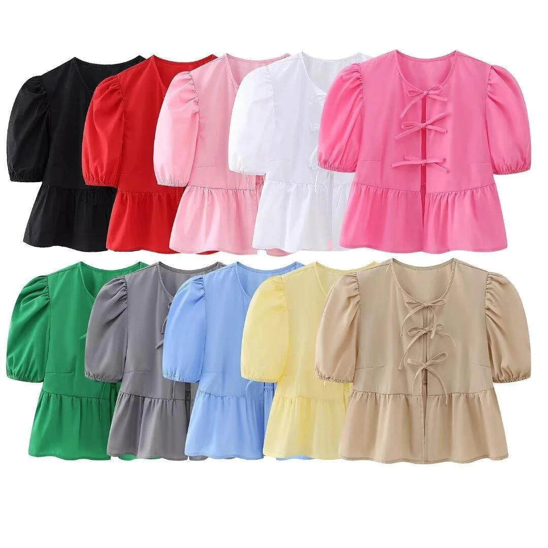 

Женская короткая рубашка с рукавами-фонариками на шнуровке, из полиэстера, не деформируется, в европейском стиле, модная женская блузка