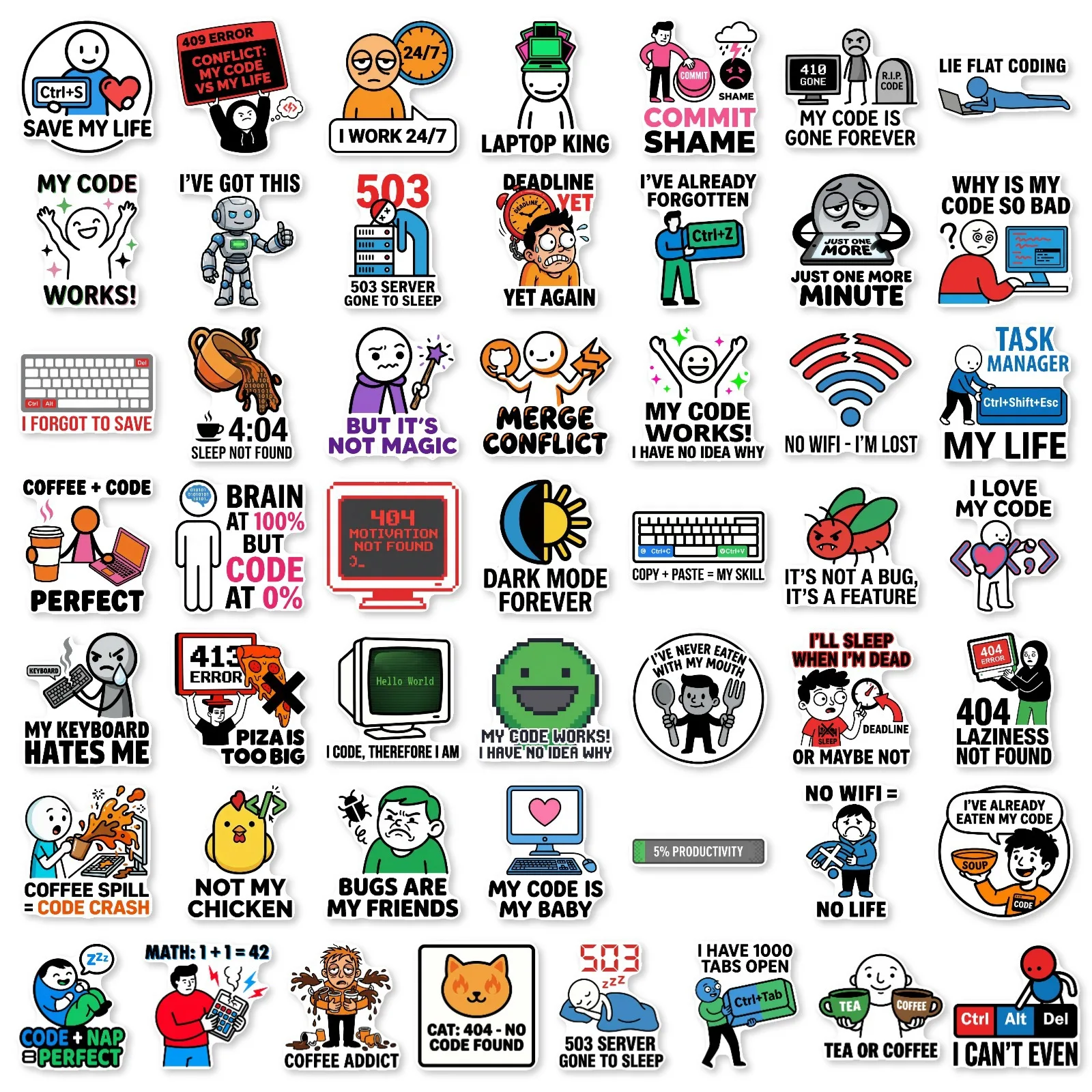 50pcs Sticker Programmer Fun Logo Decorative Sticker Cartoon Graffiti Stickers DIY Phone Laptop Notebook Suitcase Waterproof