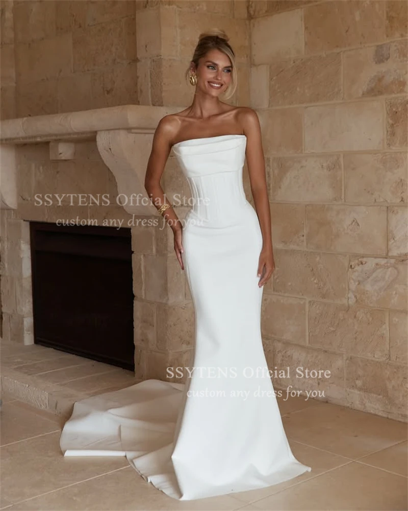 Ssytens simples sereia branco vestidos de casamento cetim sem costas vestido de noiva trem varredura vestido de noiva vestidos de fiesta personalizado