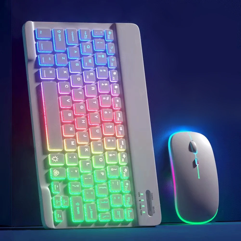

Bluetooth-клавиатура и мышь с RGB-подсветкой, перезаряжаемая Беспроводная клавиатура для iPad, планшета, Android, iOS, Windows, клавиатура с радужной подсветкой