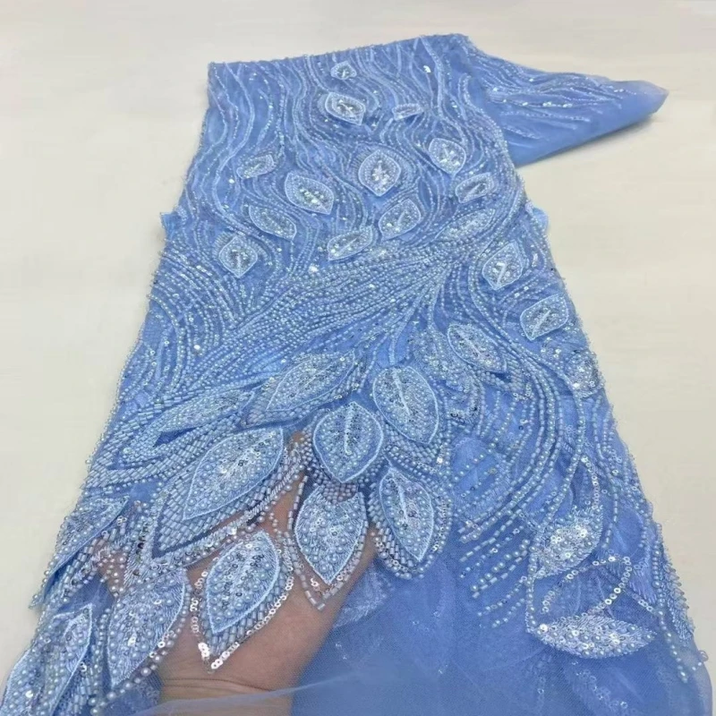 Luxury African Beaded Lace Fabric High Quality 2026 Beads 3d Embroidery French Tulle Laces 5 Yards for Nigerian Wedding Dress 2
