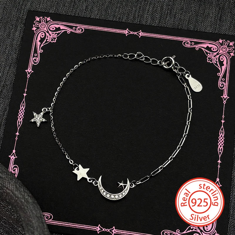 

Zircon 925 Sterling Silver Crescent Moon Bracelet for Women Girl Minimalist Star Charm Hand Chain Wedding Party Jewelry Gift