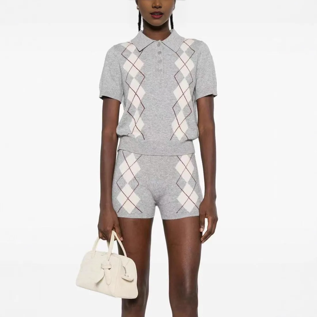 Top de Malha de Manga Curta com Gola  Estilo Europeu de Alta Qualidade com Bloco de Cores e Padrão Geométrico para Mulheres