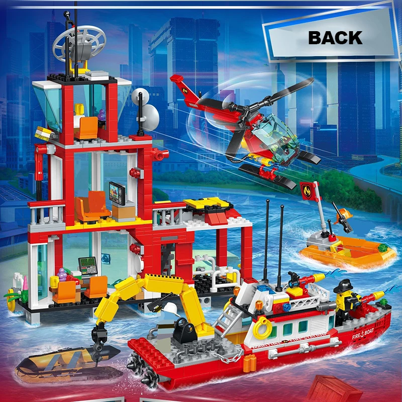 City Marine Fire Station Boat Building Blocks Rescue At Sea Yacht Life Buoy Helicopter Figures Brick Toys Gift For Kid Boy Adult