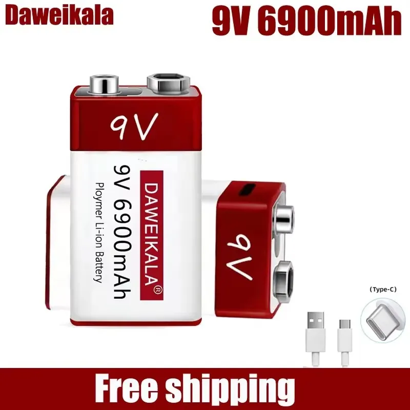 

New 9V 6900mah lithium ion rechargeable battery type-C USB multimeter lithium microphone metal detector + cable