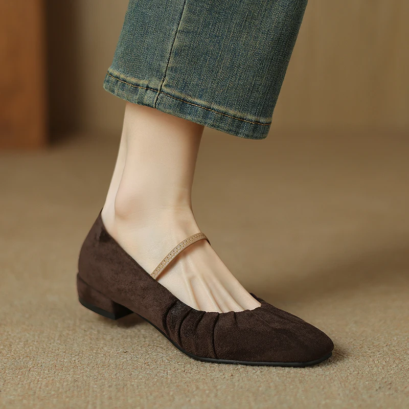 

Women Simple Shoes Round Toe Concise Flock Pleated Flats Spring Summer Elegant Ladies Shoes Size 32-43