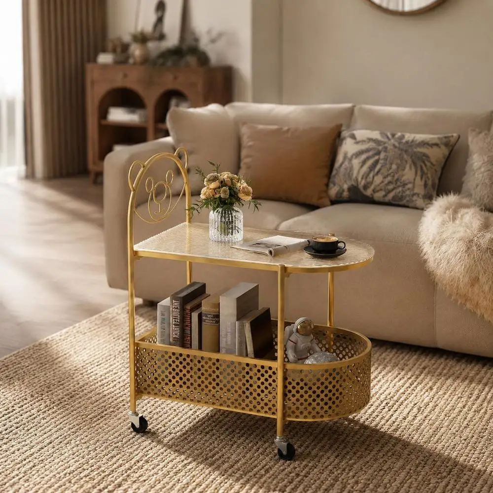 Table basse mobile à 2 niveaux en verre avec motif d'ours - Doré
