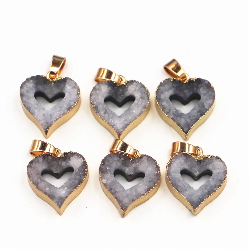 

Natural Stone Gray Agates Druzys Drusy Pendants Heart Charms for Women Men Unisex Jewelry Necklace Making 6PCS Wholesale M0002