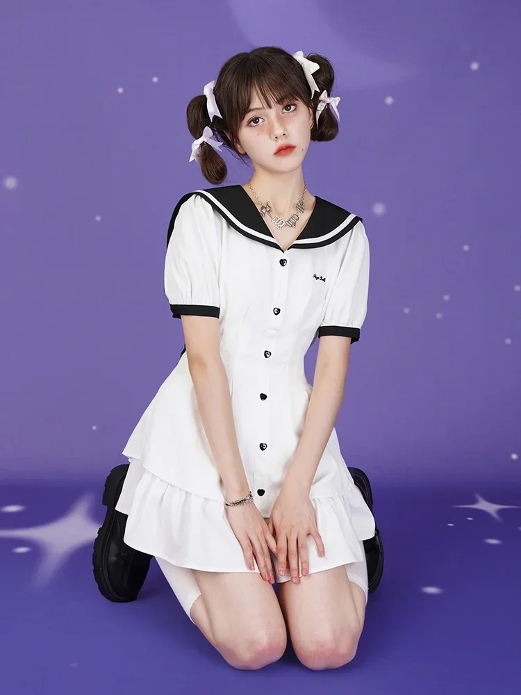 Japanese Lolita Sweet Bow-knot Girl Retro Cotton Kawaii Preppy Style Dress Women Harajuku Sailor Collar white Dress